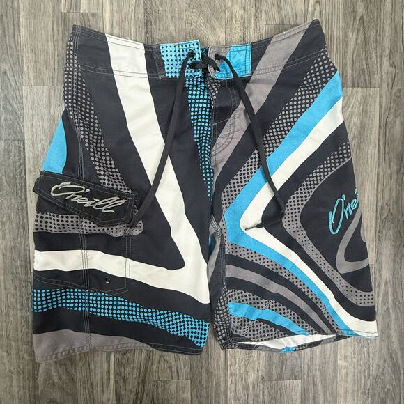 O’Neill Board Shorts Blue Black White Swirl Logo Pocket 22” Outseam Surf - Picture 1 of 6